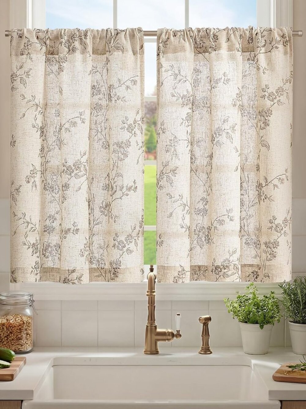 Floral Linen Kitchen Tier Curtains, 36 Inch, 2 Panels, Taupe